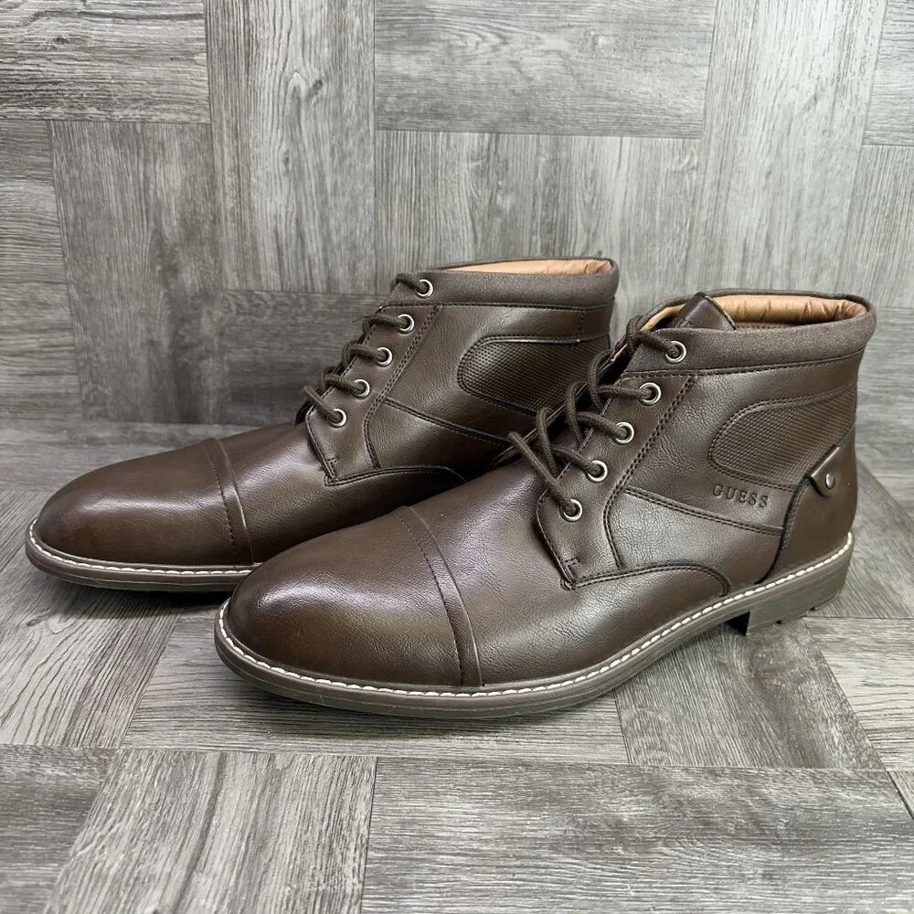 Guess Boots Mens 12 Brown Cap Toe Lace Up Synthetic Leather NEW